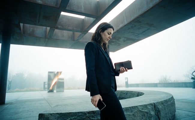 A person adult person verifies whether her issuer allows her to pay credit card with debit card in an open-air sculpture court.