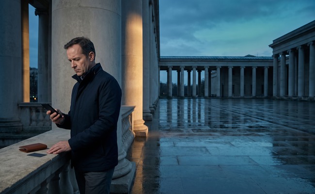 A person adult person in a civic colonnade checks a blank phone while questioning his credit card posting time after a bank withdrawal.