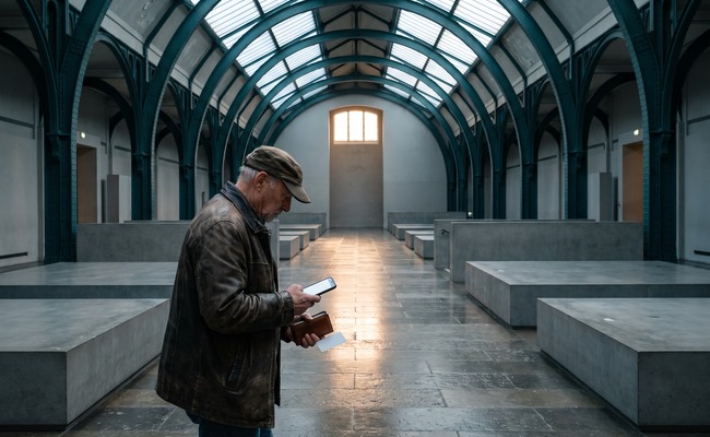 A person older adult person in a historic rail museum hall compares payment channels and credit card posting time on a blank phone.
