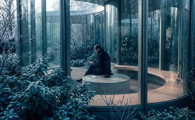A person adult person in a winter garden pavilion studies a blank phone while separating legal crediting from credit card posting time.