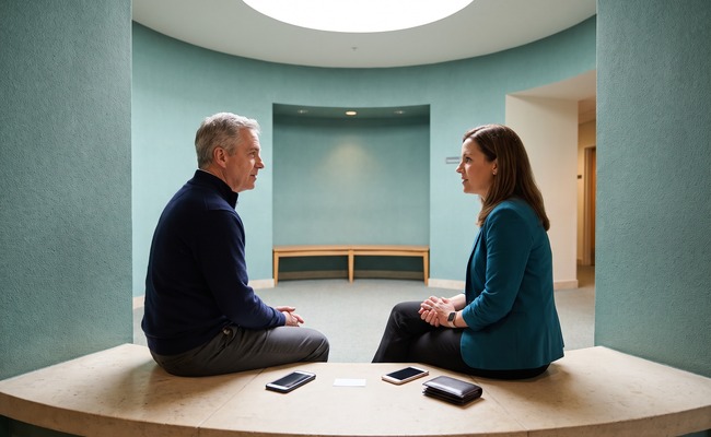 A person and an adult adviser in a community arts center lobby discuss why a credit card posting time can lag a bank withdrawal.