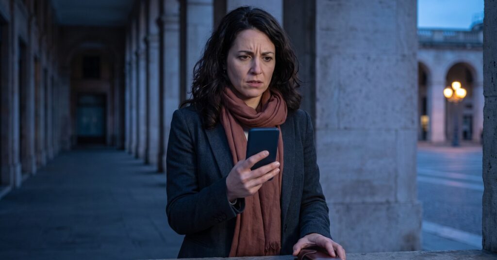 A person reviews a blank phone after a missed personal loan payment creates urgent questions at a civic colonnade.