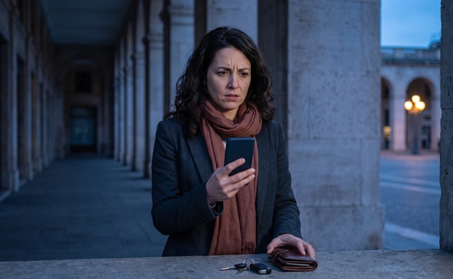 A person looks at a blank phone after a missed personal loan payment creates uncertainty in a civic colonnade.