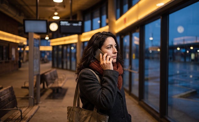 A person calls a lender from a bus terminal after a missed personal loan payment, using a phone with no readable screen.