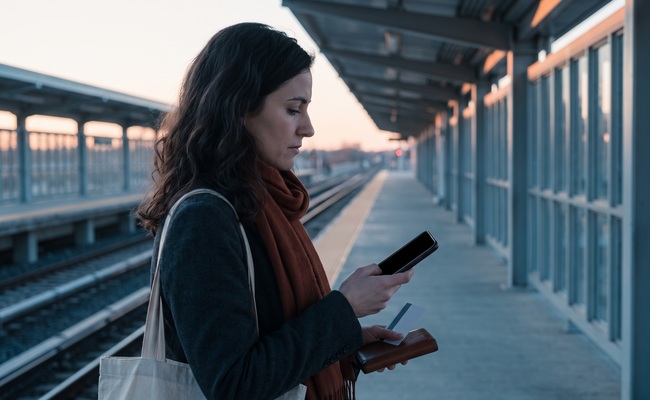 A person plans a safer payment routine after a missed personal loan payment on a suburban rail platform.