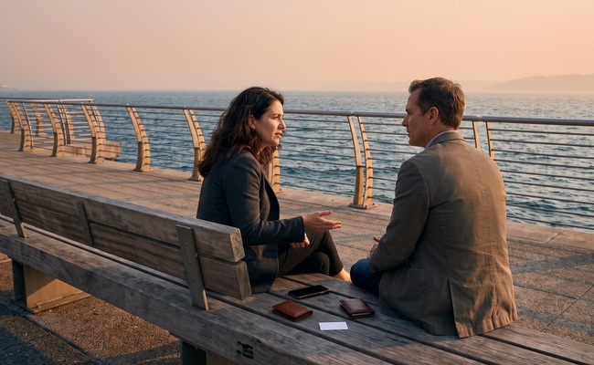 A person discusses a missed personal loan payment with an adult credit counselor beside a waterfront promenade.