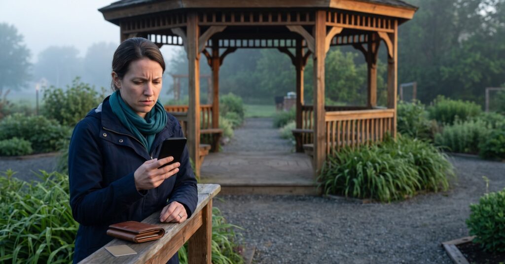 A worried adult person considers a personal loan default beside a community-garden gazebo while checking a blank phone.