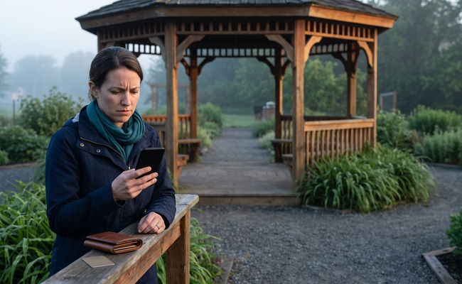 A person considers a personal loan default beside a community-garden gazebo while checking a blank phone and closed wallet.