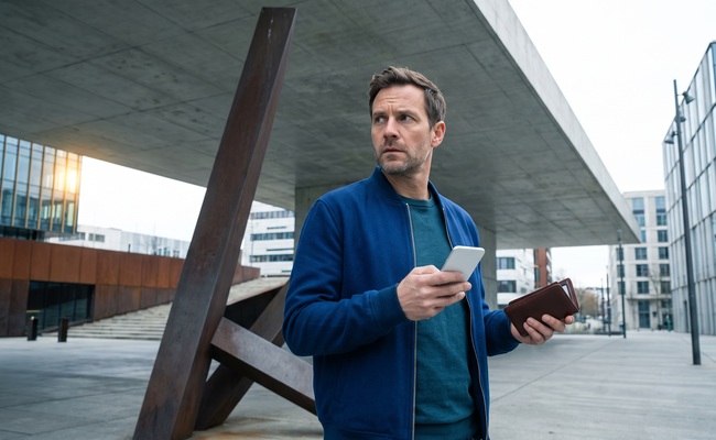 A person adult person reviews a personal loan default in an urban sculpture plaza while comparing a blank phone, closed wallet, and plain card.