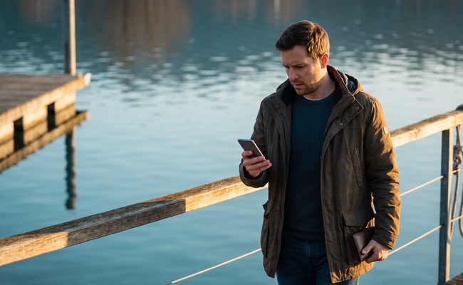 A person adult person reviews urgent personal loan default questions on a lakeside rowing-club terrace while holding a blank phone.