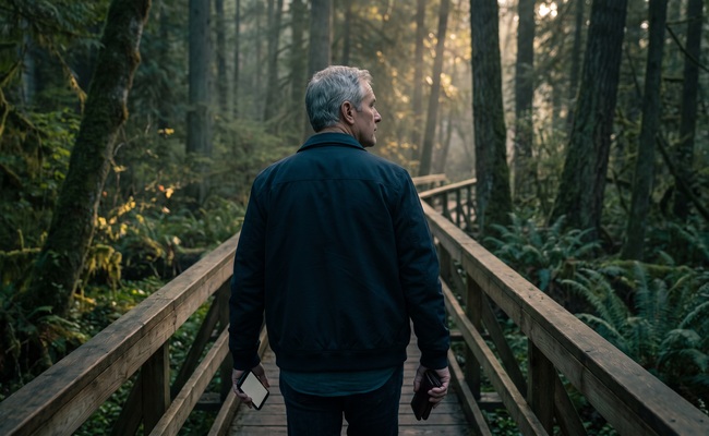 A person older adult person protects his records after a personal loan default while walking a forest boardwalk with a blank phone and closed wallet.