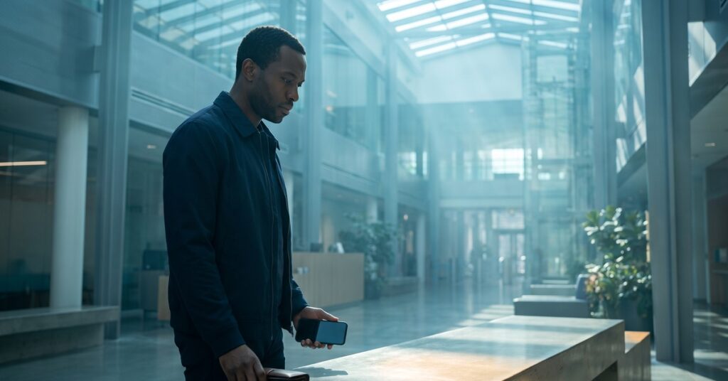 A person adult person considers co signer loan risks in a bright science atrium while checking a blank phone beside a closed wallet.