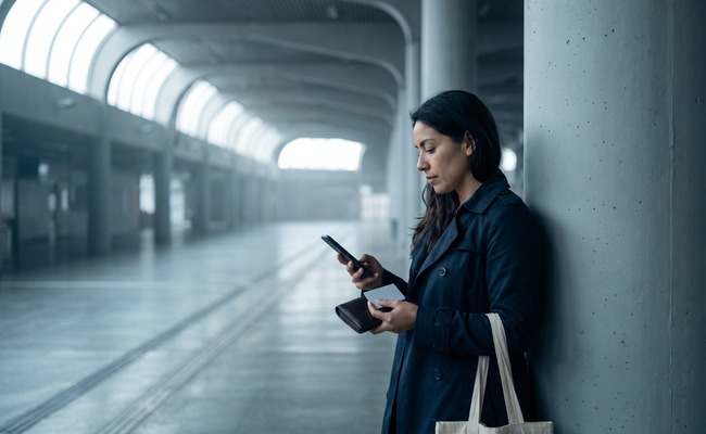 A person adult person considers co signer loan risks while walking through an unbranded coach concourse with a blank phone and closed wallet.