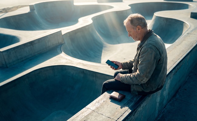A person older adult person considers co signer loan risks from a sculptural skatepark overlook with a blank phone and closed wallet.