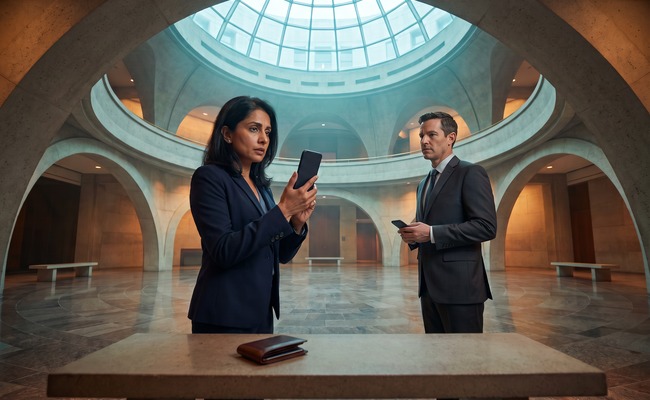 A person adult person considers co signer loan risks beneath a civic city rotunda with a blank phone and an adult adviser nearby.