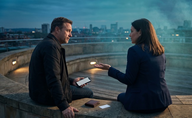 A person and an adult adviser discuss co signer loan risks in a rooftop amphitheater using blank phones and a closed wallet.