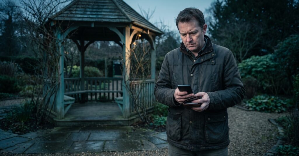 A person adult co-signer considers how to get released as a co signer from a personal loan obligation while checking a blank phone beside a garden gazebo.