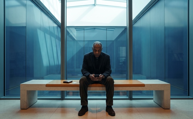 A person older adult co-signer prepares lender questions in a public-library atrium while holding a blank phone.