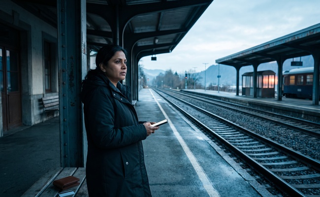 A person adult co-signer weighs refinancing or substitution on an unmarked train platform while holding a blank phone.