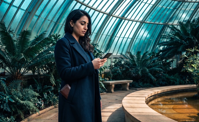 A person adult co-signer monitors a loan obligation on a blank phone while walking through a botanical conservatory.