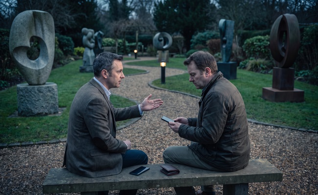A co-signer and an adviser discuss release questions on an unmarked bench in a sculpture garden.