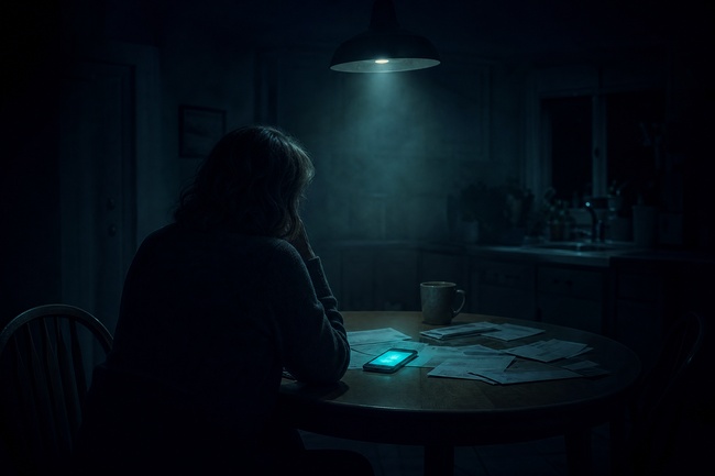Frightened woman hearing an illegal jail for debt threat on her phone late at night