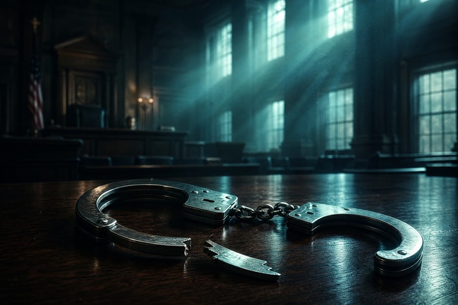 Can you go to jail for debt - broken handcuffs on a courtroom desk showing the legal truth