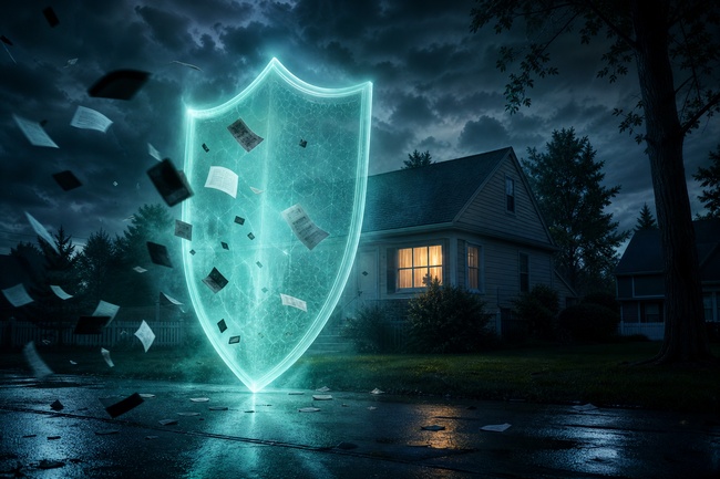 Glowing legal shield protecting a home from debt collector threats under the FDCPA
