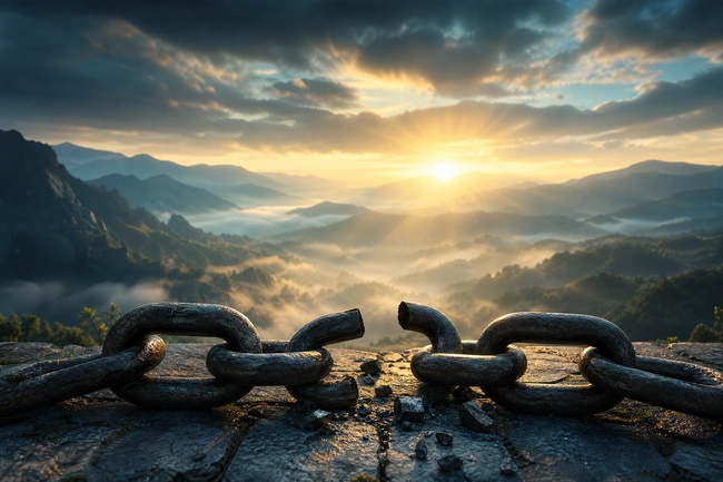 Broken chains at dawn representing freedom from debt fear and collector intimidation