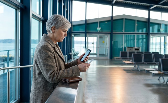 A person older person checks personal loan origination fees and their calculation base in a ferry terminal.