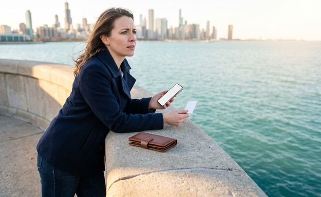 A person considers how personal loan origination fees affect cash received at a waterfront lookout.
