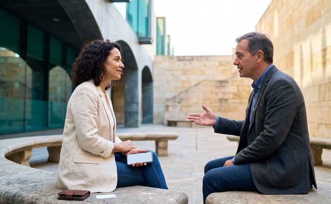 Two adults discuss how personal loan origination fees appear in written loan terms in a sunlit courtyard.