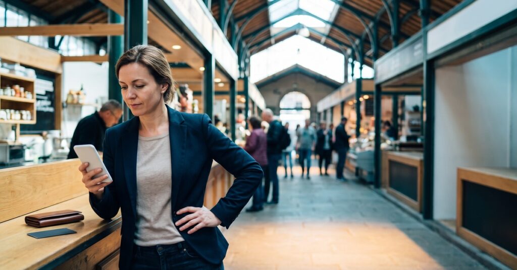 A person considers how to pay off personal loan early while weighing whether reducing her emergency cash is worth the relief in a bright public market hall.