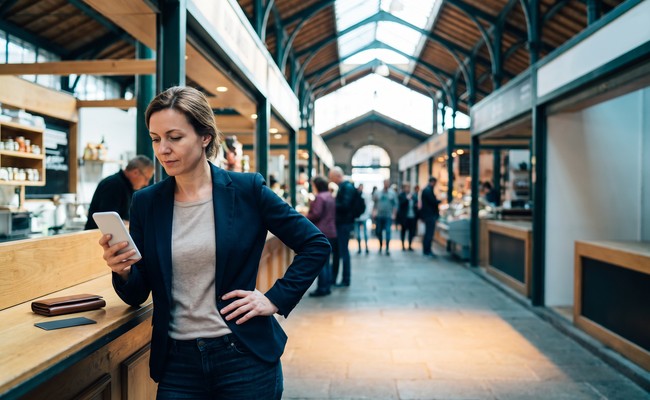 A person considers whether the relief of paying off personal loan early is worth reducing her emergency cash in a bright public market hall.