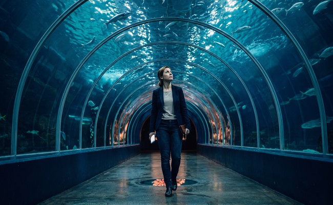A person adult person waits for a dated payoff quote before deciding whether to pay off personal loan early beneath an aquarium tunnel.