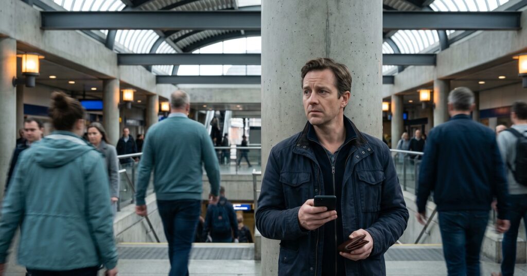 A person pauses at a public transit concourse while comparing a refinance personal loan offer before committing.