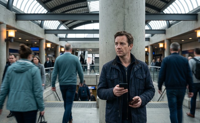 A person considers how to refinance a personal loan in a bright public-transit concourse with layered platforms and open pedestrian flow.