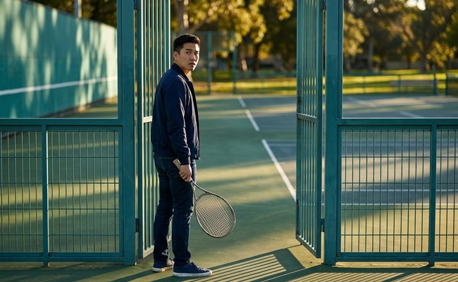 an adult person in his mid-20s considers how to refinance a personal loan in a empty public tennis court seen through an open gate with strong rectangular perspective.