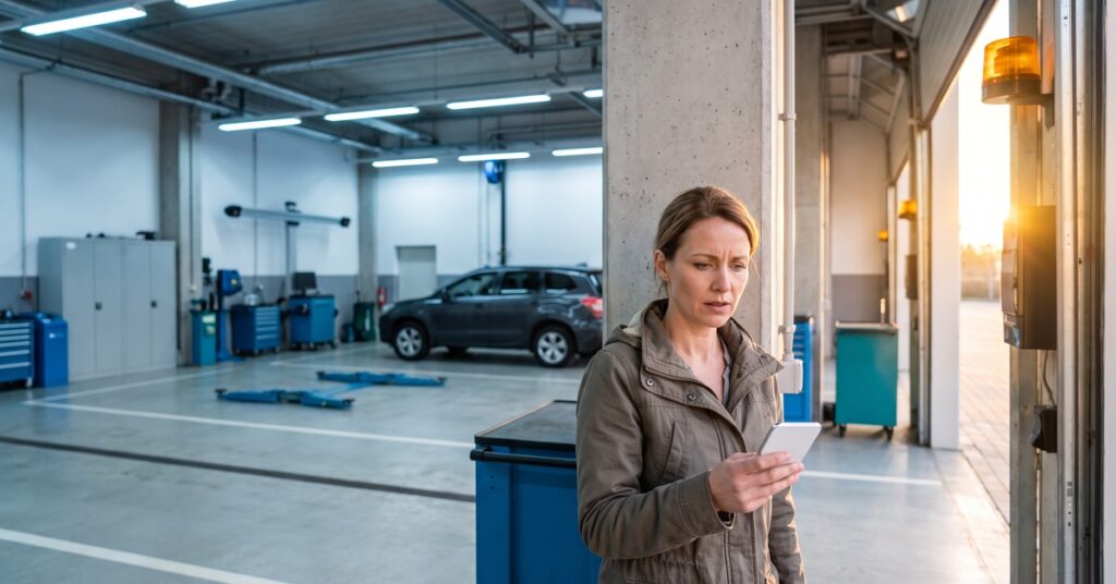 A person recognizes car loan repossession warning signs beside a vehicle service bay while reviewing a servicer message.