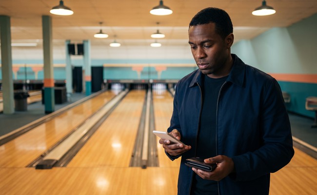 an adult person in his mid-30s responds to car loan repossession warning signs in a quiet unbranded bowling alley with polished lanes and deep perspective.