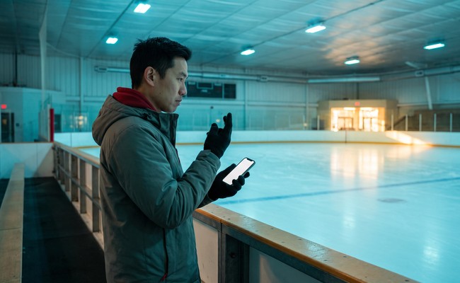 an adult person in his early 30s responds to car loan repossession warning signs in an empty community ice rink viewed from the boards with broad oval geometry.