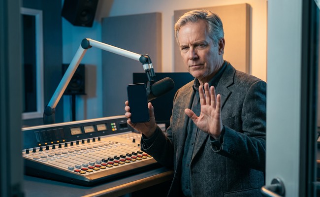 an adult person in his early 60s responds to car loan repossession warning signs in a small unbranded radio studio with acoustic wall geometry and empty microphone arm.