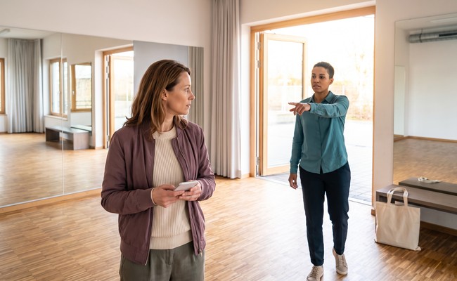 an adult multiracial couple in their late 30s responds to car loan repossession warning signs in an open dance-rehearsal room with sprung floor, blank mirrors, and diagonal empty space.
