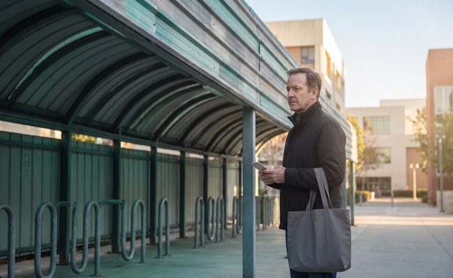 an adult Latino person in his late 50s responds to what to do after car repossession in a covered campus bicycle shelter with repeating roof ribs and open perimeter.