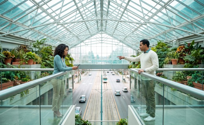 an adult multiracial couple in their late 30s responds to what to do after car repossession in a public greenhouse overlook with glass roof trusses, layered plants, and a raised balcony.