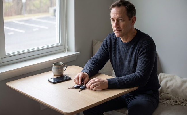 A middle-aged borrower pauses beside car keys and a silent phone before responding to an unexpected auto-loan balance.
