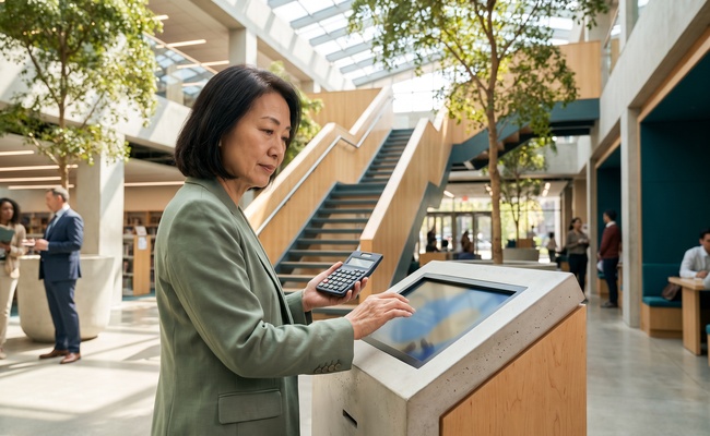 A person older borrower checks a blank-display calculator at a library kiosk while organizing a post-sale auto-loan accounting.