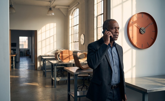 A person older borrower makes an urgent phone call beside a wall clock while preparing to respond to collection pressure.