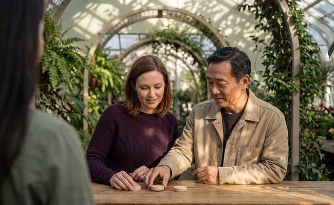 Two adults compare three simple options in a botanical conservatory while planning a realistic deficiency-balance resolution.