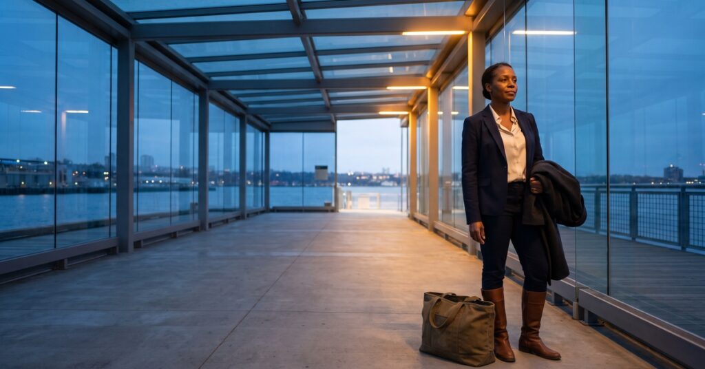 A composed adult prepares to get items back after repossession beside a belongings tote at a transit pavilion.